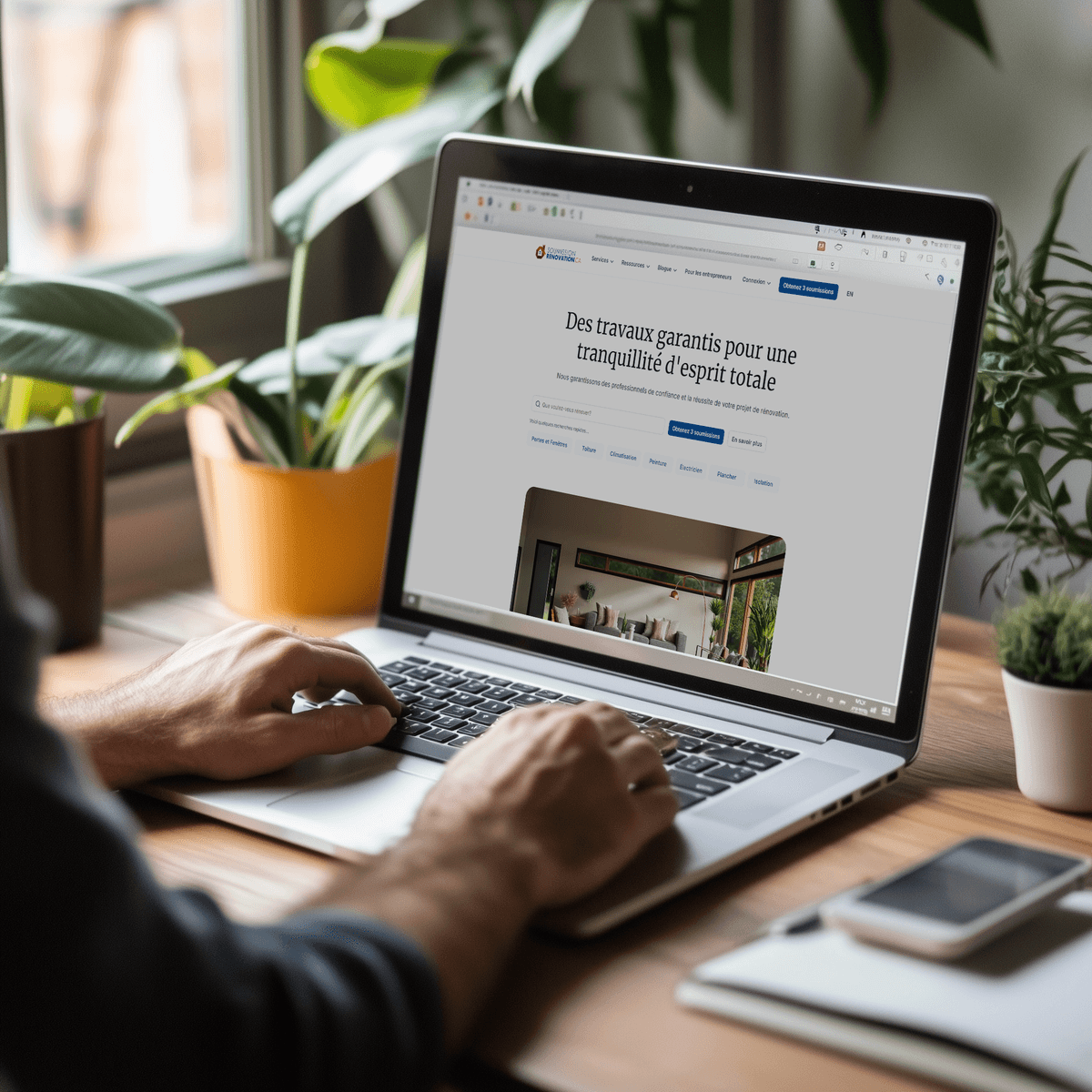 Person using a laptop displaying a webpage for guaranteed services for projects, surrounded by plants on a bright desk.
