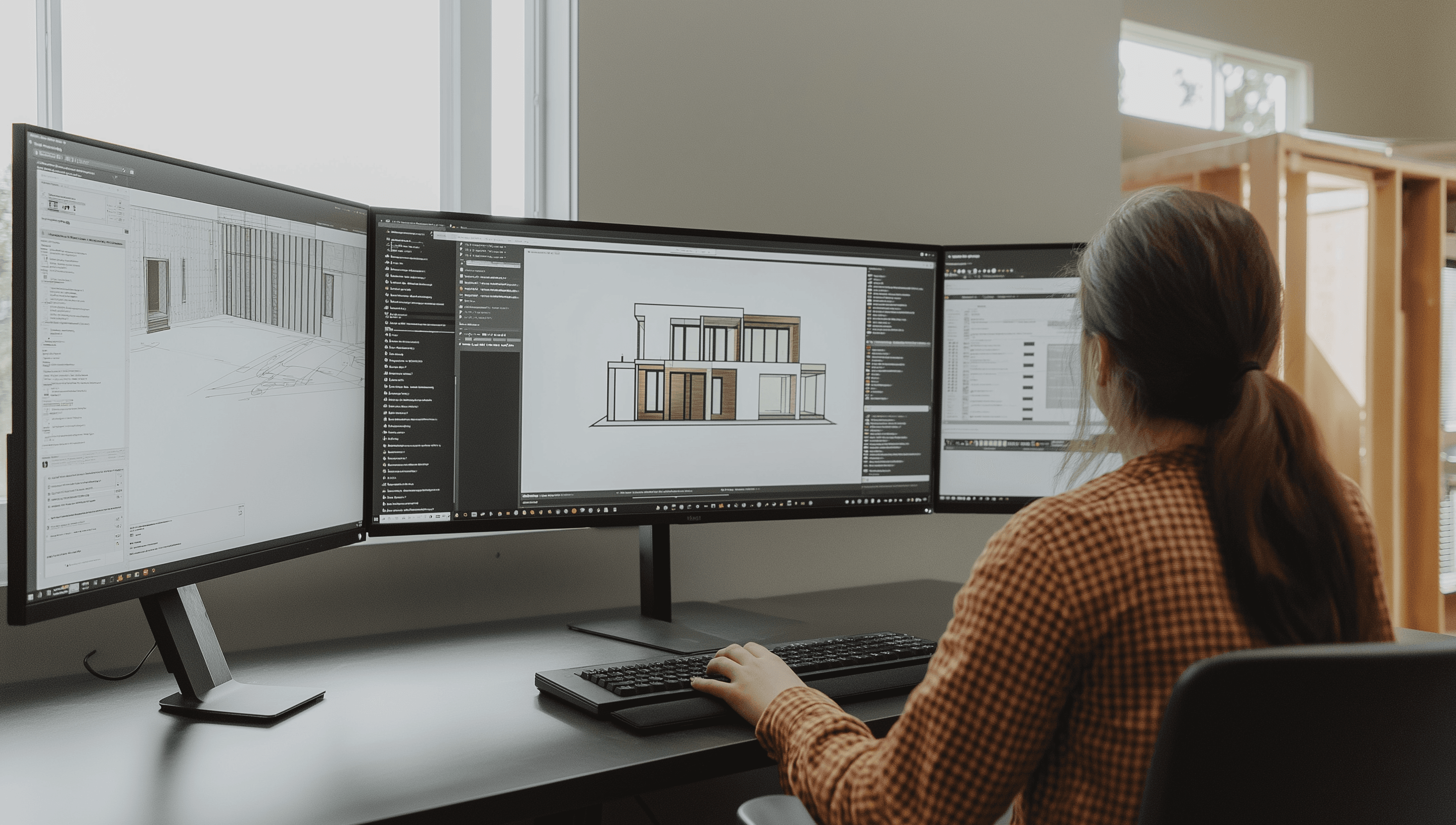 Architect working on building 3D modeling software across three computer monitors in a modern design office.