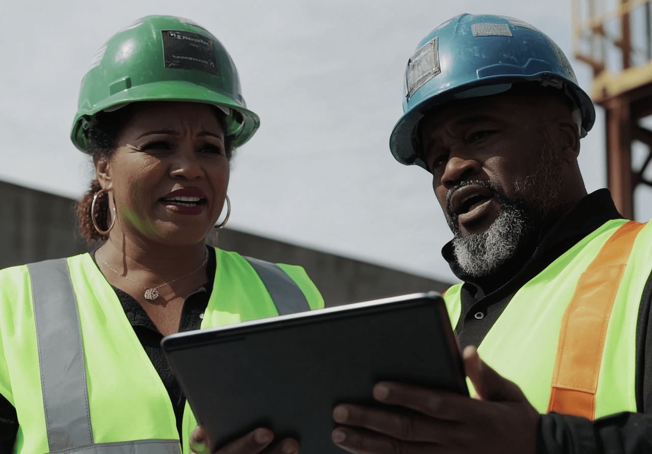 Two construction site supervisors wearing helmets and safety vests, consulting a tablet on a construction site.