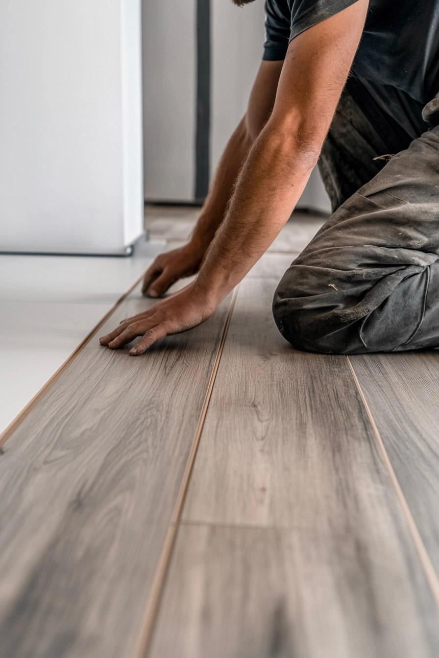 Floating wood-look floor installation by a worker in a residential interior