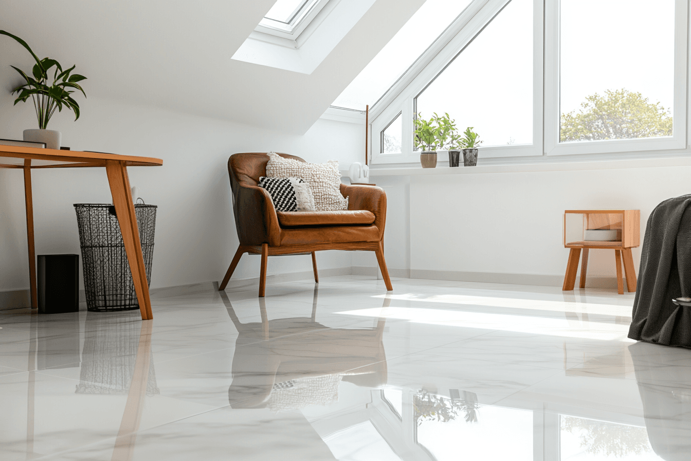 Bright room with white ceramic flooring, leather armchair, sloped windows, and natural minimalist decor.