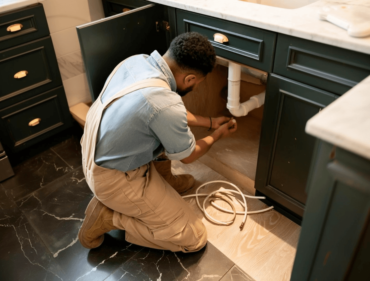 Plumber performing a repair under a kitchen sink with visible piping
