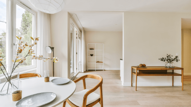 Simple kitchen, wood and white living space