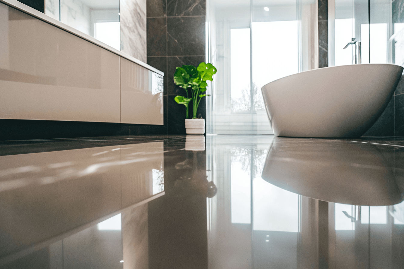 Modern bathroom with freestanding bathtub, glossy tiled floor, and floating vanity, illuminated by a large window.