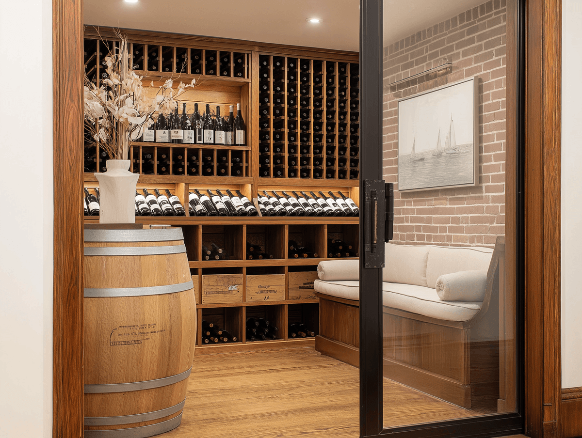 Elegant indoor wine cellar with wooden shelves, decorative barrel, and glass-enclosed seating area