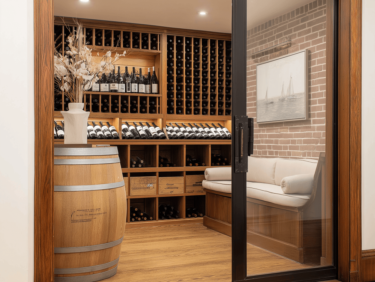 Elegant indoor wine cellar with wooden shelves, decorative barrel, and glass-enclosed seating area