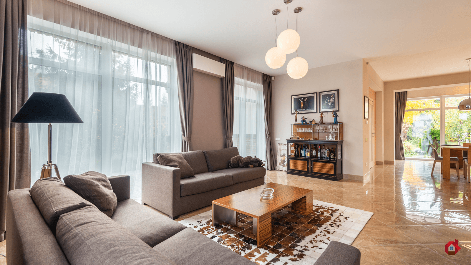 modern living room with dark tiles 
