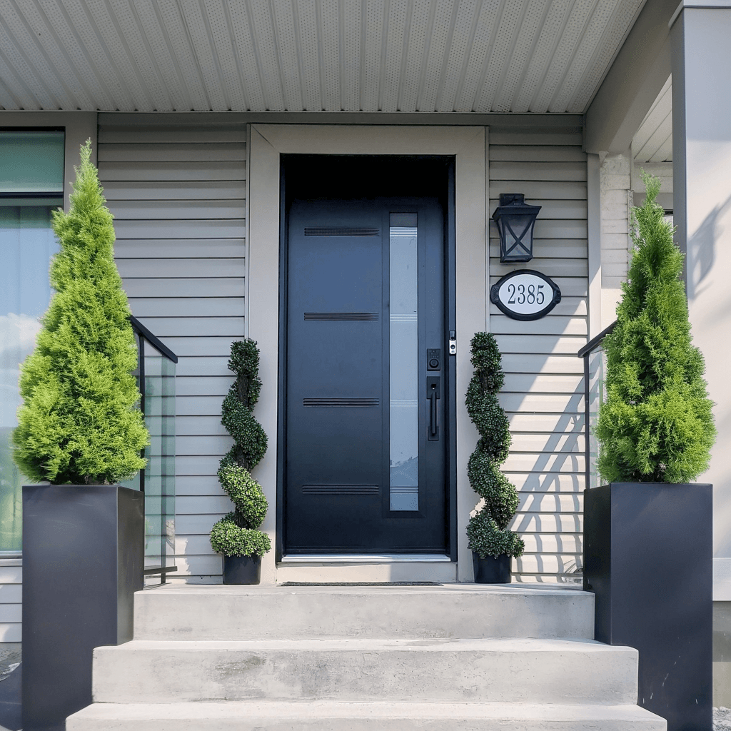 Black aluminum front door with vertical glass insert and modern finish on beige vinyl-sided house