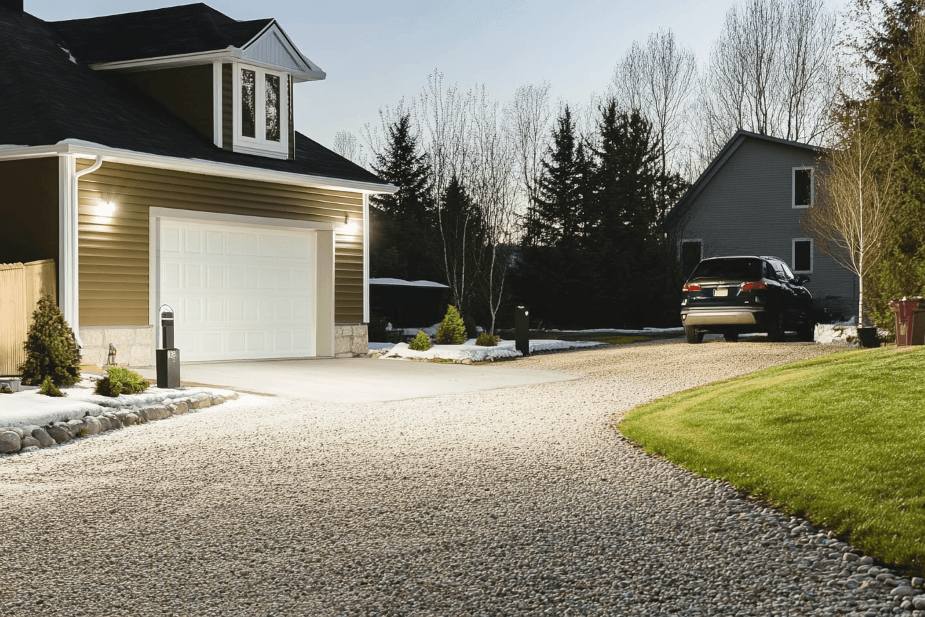 Modern house with illuminated gravel driveway, white garage, and landscaped yard with lawn and trees.