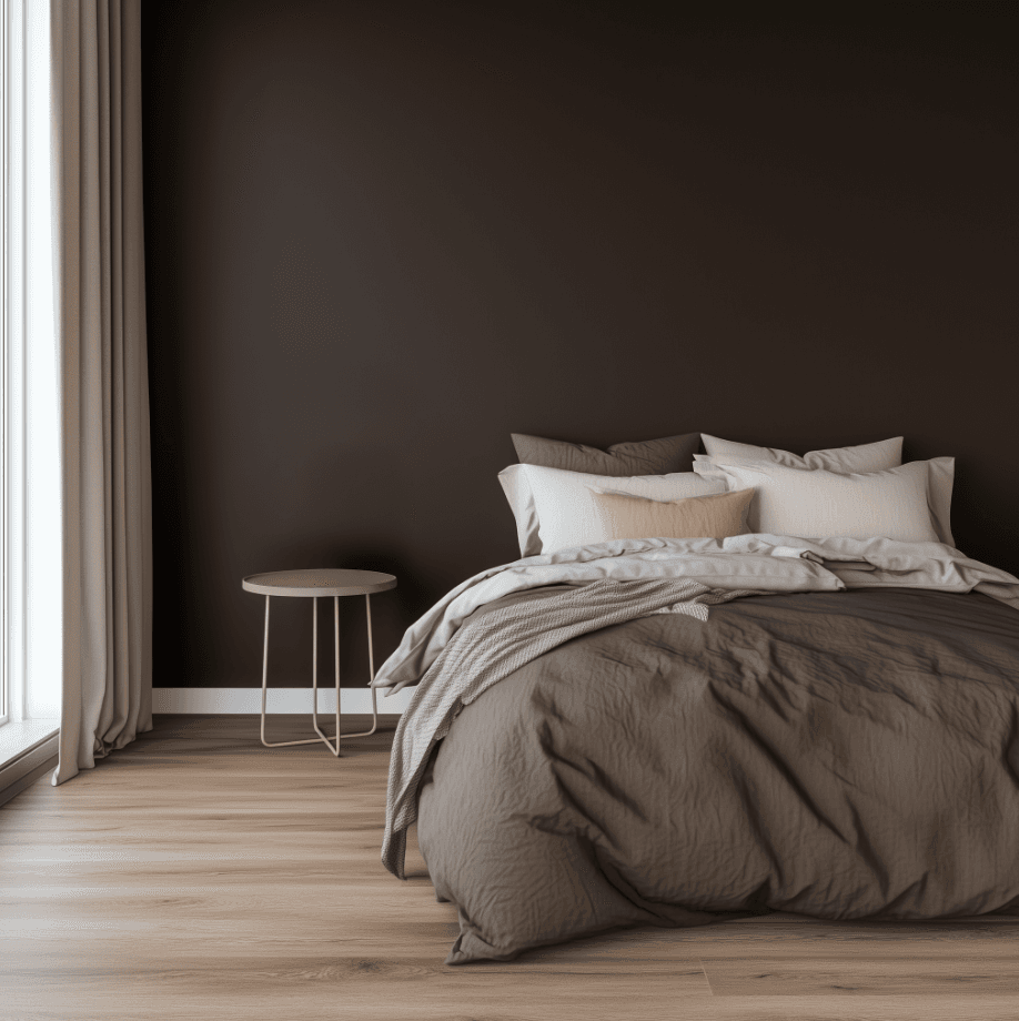 Modern bedroom with dark brown wall, cozy bed with neutral-toned sheets, minimalist side table, and beige curtains.
