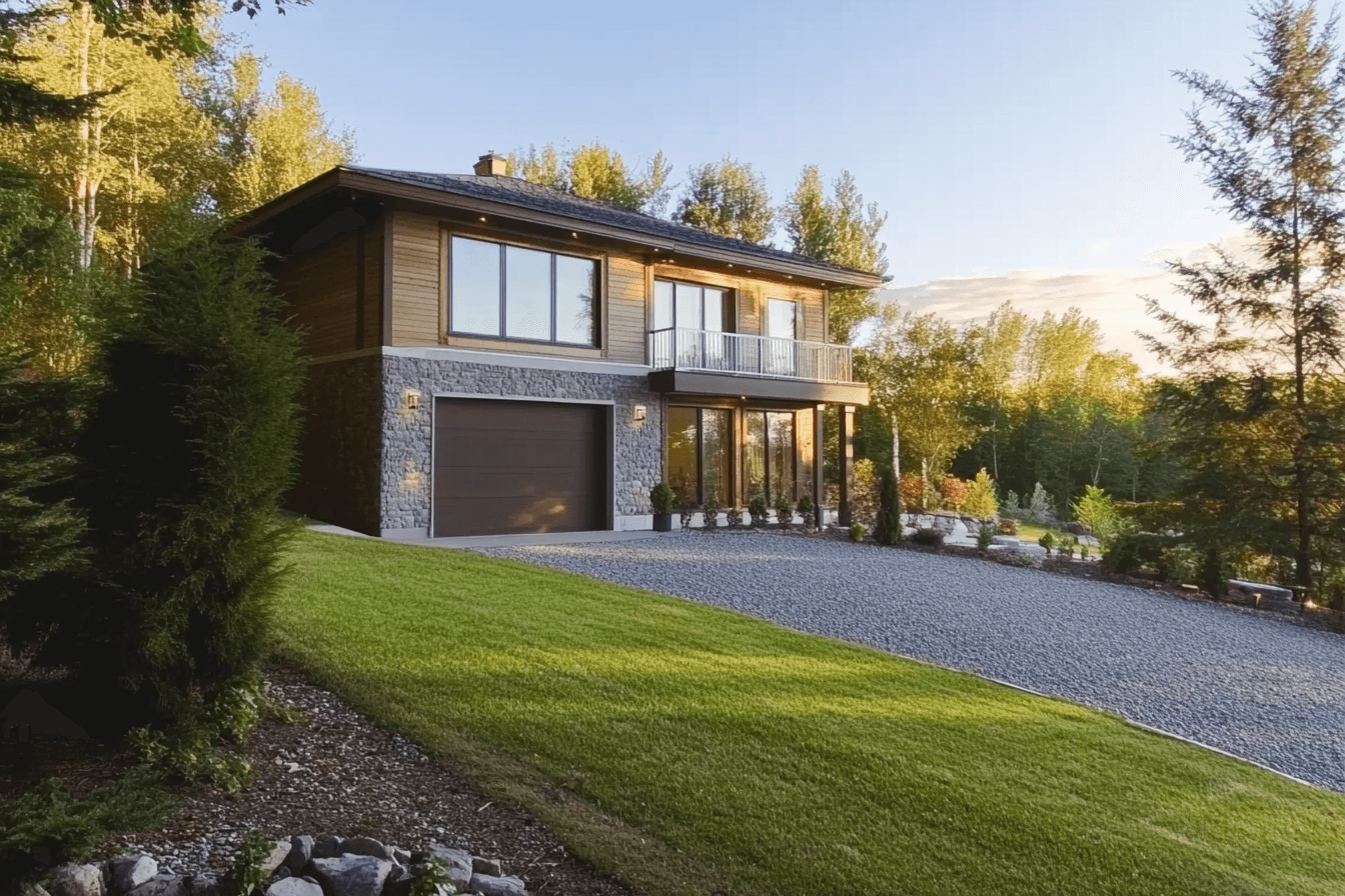 Modern wood and stone house with a gravel driveway, integrated garage, and landscaped yard on a sloped terrain.